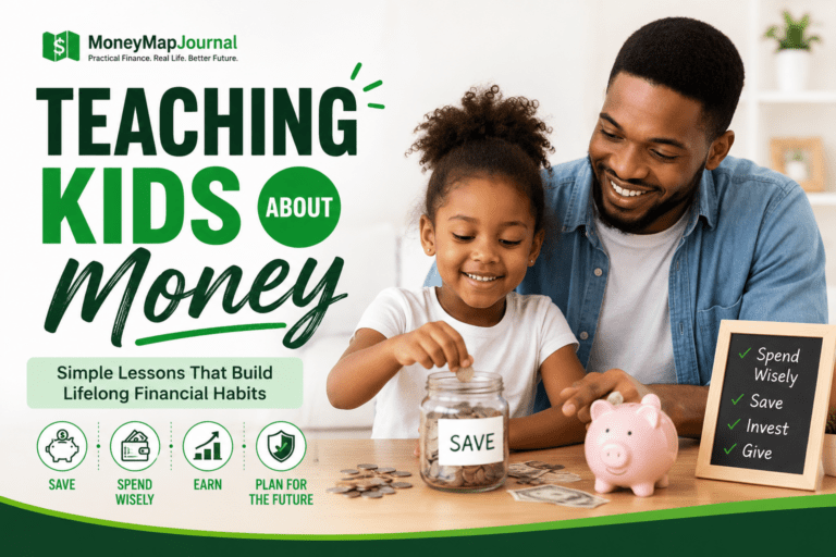 Parent teaching kids about money, saving, spending wisely, and financial literacy using a savings jar and piggy bank.