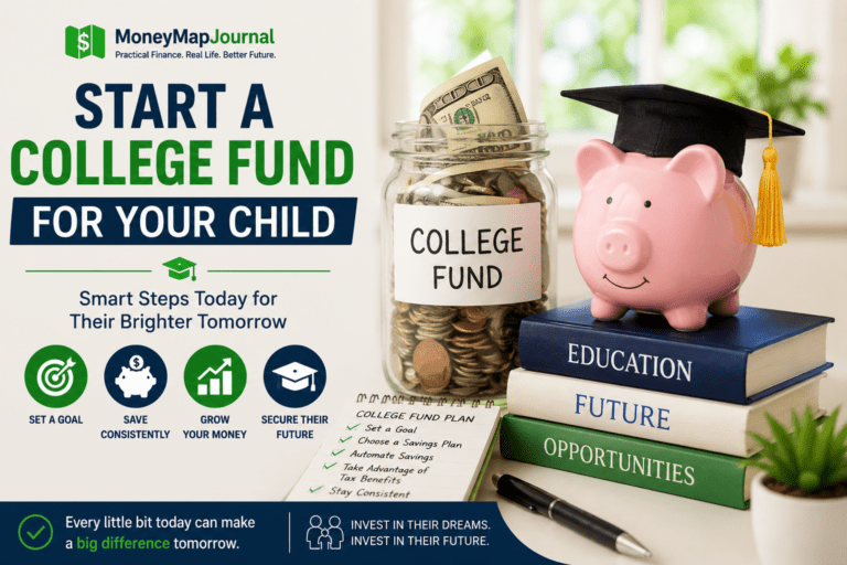 Start a college fund for your child with a dedicated education savings plan, featuring a college savings jar, piggy bank, and graduation cap.