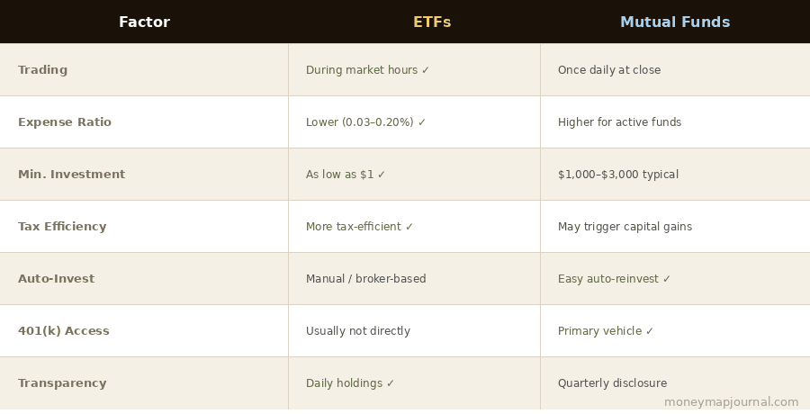 ETFs vs Mutual Funds comparison table showing trading, expense ratio, minimum investment, tax efficiency, auto-invest, 401k access, and transparency
