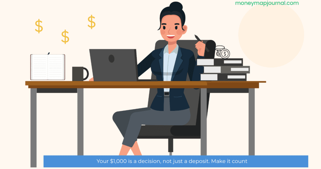 investing for beginners woman at desk with laptop coins and financial plan for growing money
