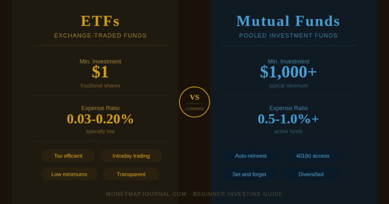 ETFs vs Mutual Funds featured image comparing minimum investment, expense ratios, and key advantages for beginner investors