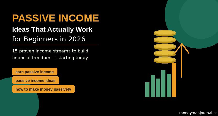 passive income ideas for beginners in 2026 — illustrated graphic showing 15 income streams including blogging, dividend stocks, digital products and affiliate marketing on green background branded moneymapjournal.com