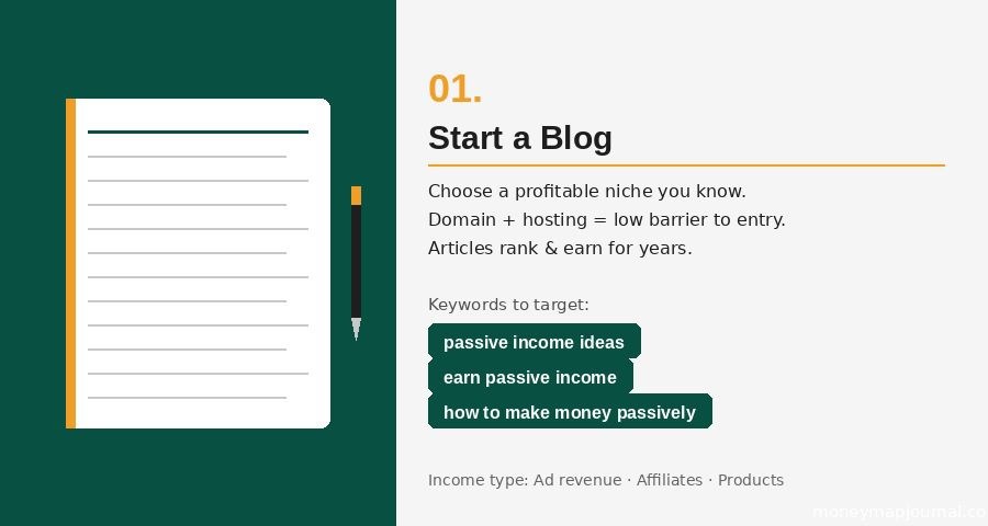 passive income ideas for beginners — start a blog illustration showing notebook and laptop on clean desk with keyword tags earn passive income and blogging strategy
