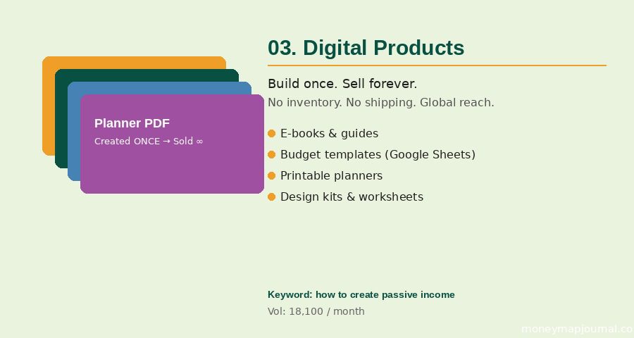 passive income ideas for beginners — digital products stacked card illustration showing budget template, ebook, course slides and planner in brand green and amber with message created once sold unlimited