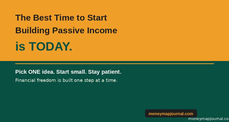  passive income ideas for beginners — motivational call to action graphic saying the best time to start building passive income is TODAY on green and amber branded background moneymapjournal.com