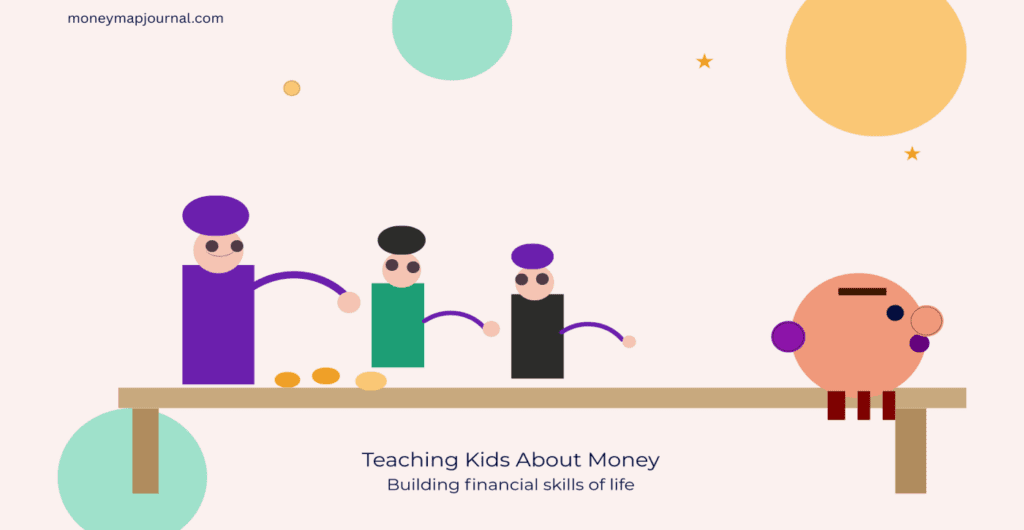 teaching kids about money - parent and children passing coins to a piggy bank