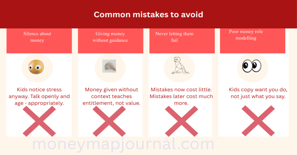 common money mistakes parents should avoid - silence about money, giving without guidance, never letting kids fail, poor money role modelling