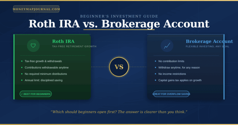 Roth IRA vs Brokerage Account comparison chart showing key differences in tax treatment, contribution limits, and withdrawal flexibility for beginner investors