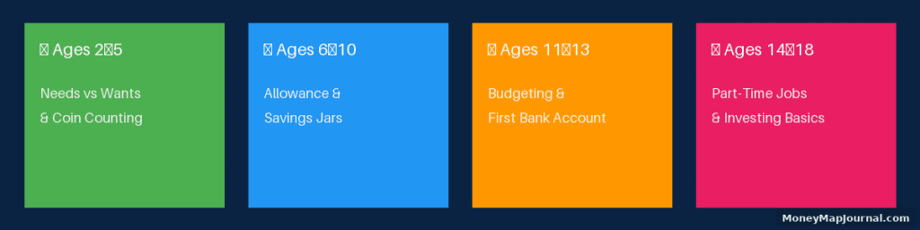Four key stages of raising financially independent children: Ages 2–5 (Needs vs Wants & Coin Counting), Ages 6–10 (Allowance & Savings Jars), Ages 11–13 (Budgeting & First Bank Account), Ages 14–18 (Part-Time Jobs & Investing Basics)
