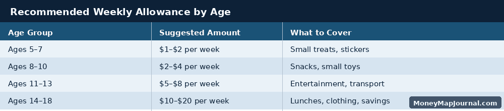 Recommended Weekly Allowance by Age: Ages 5–7 ($1–$2, small treats and stickers), Ages 8–10 ($2–$4, snacks and small toys), Ages 11–13 ($5–$8, entertainment and transport), Ages 14–18 ($10–$20, lunches, clothing, and savings)