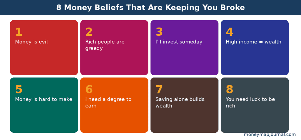 A colorful grid displaying 8 destructive money beliefs that block wealth mindset growth including money is evil rich people are greedy and saving alone builds wealth from moneymapjournal.com