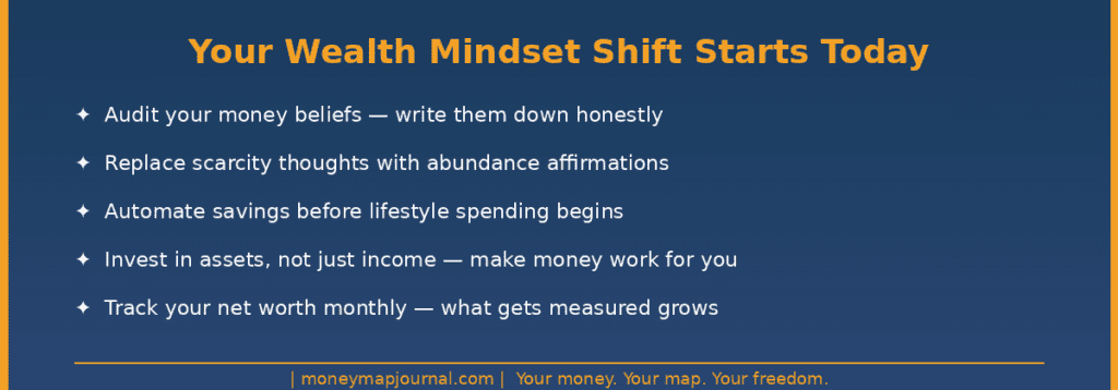 A dark navy action card listing five wealth mindset shift steps including auditing money beliefs automating savings and investing in assets from moneymapjournal.com