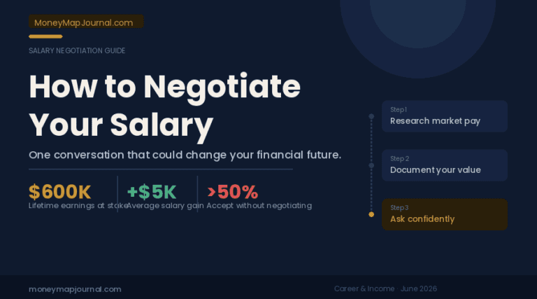 How to Negotiate Your Salary – Featured image showing key stats: $600K lifetime earnings at stake, +$5K average salary gain, and over 50% of workers accept without negotiating – MoneyMapJournal.com