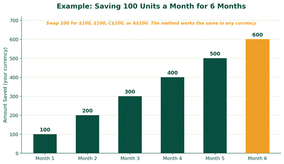 what is a sinking fund savings chart showing 100 saved monthly reaching 600 after six months