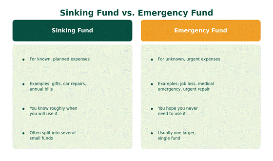 sinking fund vs emergency fund comparison chart showing planned expenses versus unexpected expenses