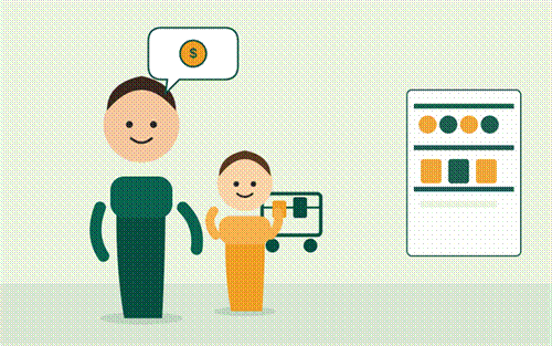 mother and child talk to kids about money during a grocery trip